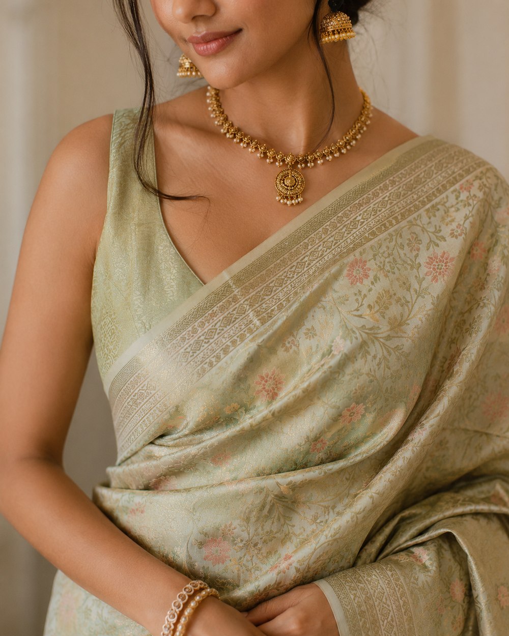 Close-up of a woman draped in a sage-green Banarasi silk saree with a gold zari border and traditional jewelry