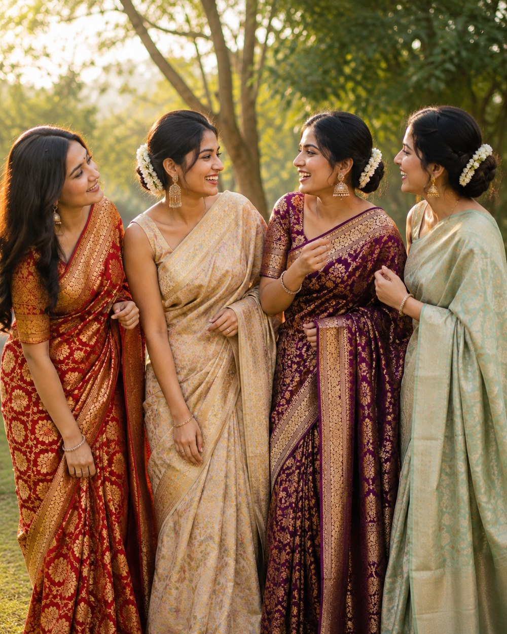 Four women in jewel-toned Banarasi silk sarees, laughing together outdoors