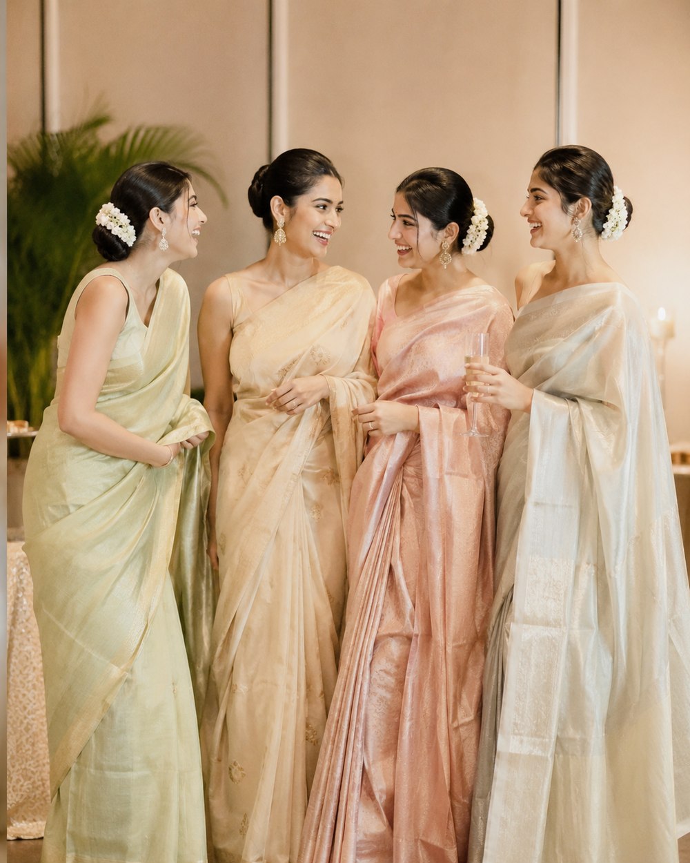 Four women in pastel-toned sarees at a festive evening reception