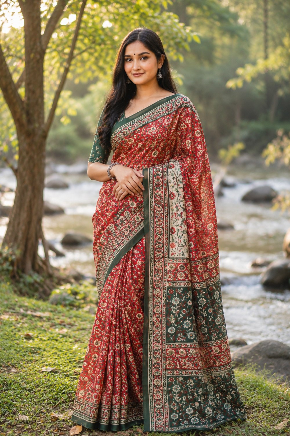 Woman in a red and green Bandhani-print saree, styled outdoors